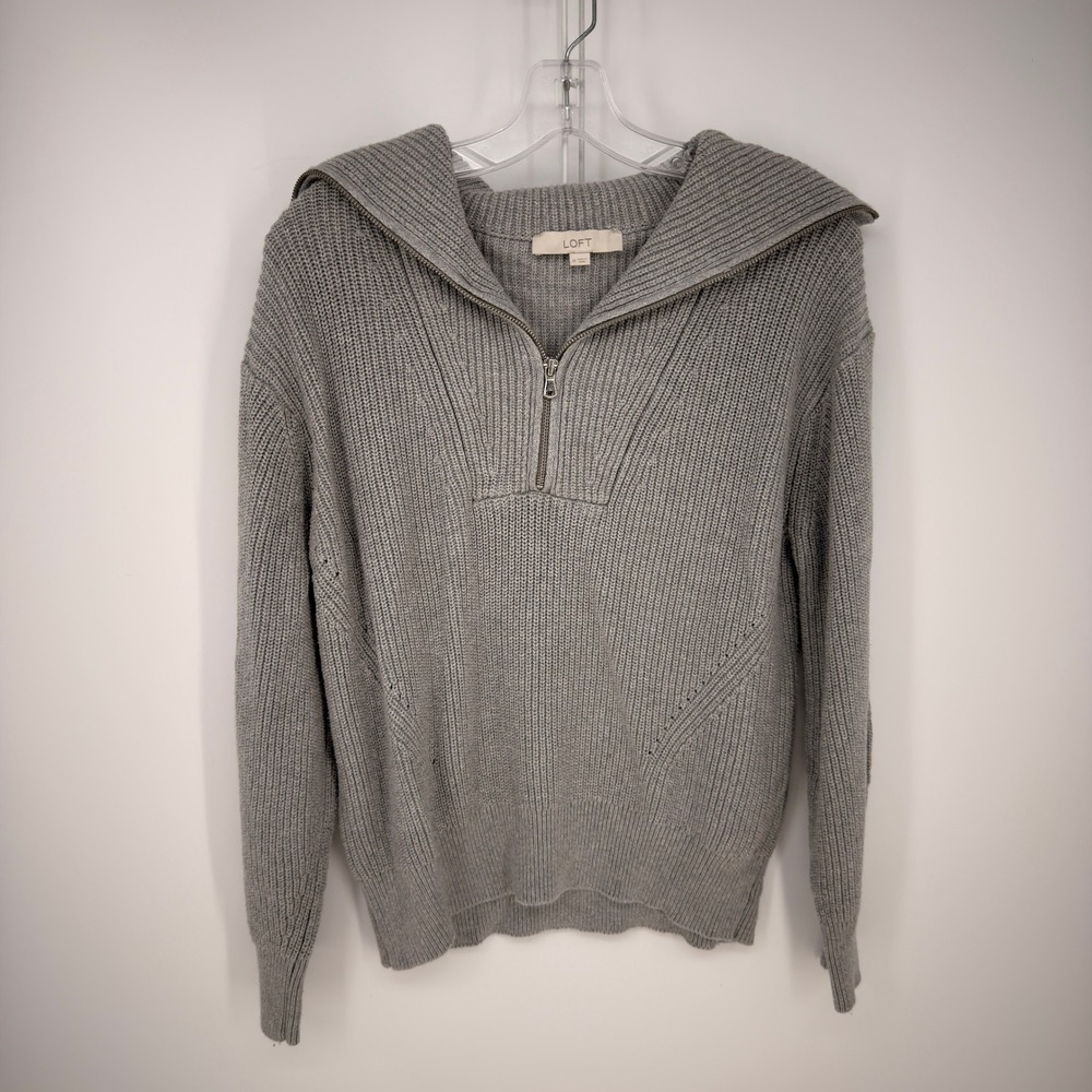 LOFT Sweater Womens M Gray Quarter Zip Ribbed Cotton Oversized Collar Classic